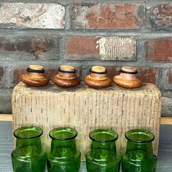 1960s Vintage Scandinavian MCM Green Glass & Teak spice jars SCAN LOOK AQ - Picture 2 of 3